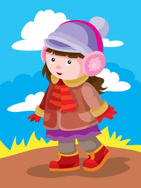 公園の公園を歩いている女の子は暖かい服装で漫画イラストベクトルイラストEps — ストックベクタ