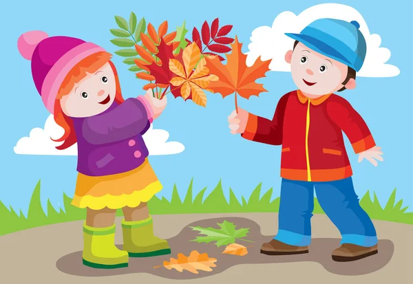 Copii Băiat Fată Joacă Stradă Toamna Distrează Aruncând Frunze Aer — Vector de stoc