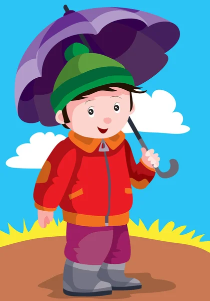 Niño Otoño Camina Parque Bajo Paraguas Ilustración Dibujos Animados Ilustración — Vector de stock