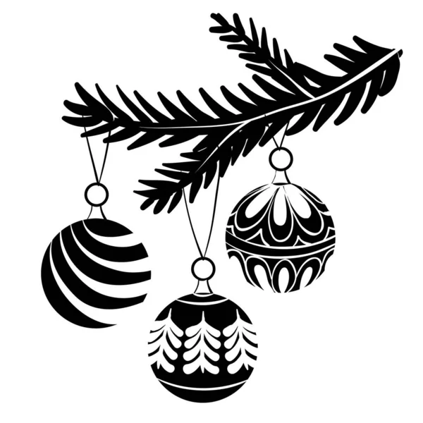装饰的圣诞球在一个黑色的装饰枝子上 矢量图解 白色背景上孤立的物体 — 图库矢量图片