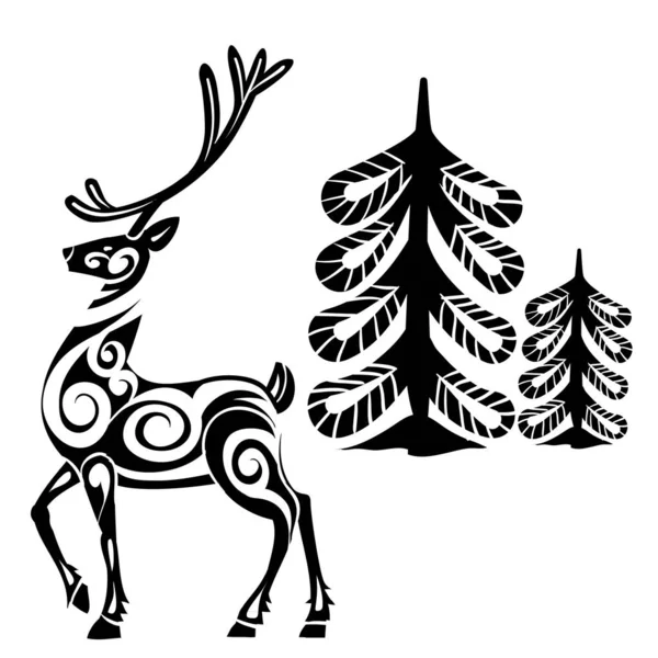 Dekorativer Hirsch Und Weihnachtsbaum Schwarzer Farbe Vektorillustration Isoliertes Objekt Auf — Stockvektor