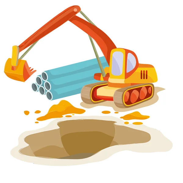 鉄パイプの背景に掘削機は 白い背景に大きな穴 漫画のイラスト 孤立したオブジェクトを掘る ベクトル図 Eps — ストックベクタ