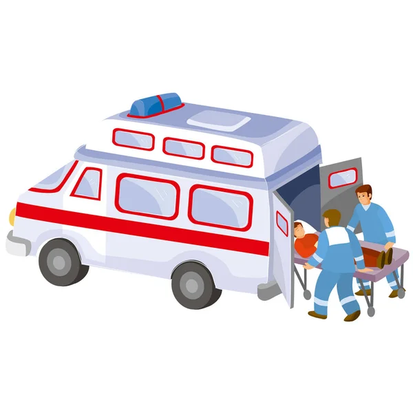 救急車と救急車は担架で患者を拾う漫画のイラスト白い背景に孤立した物体ベクトルEps — ストックベクタ