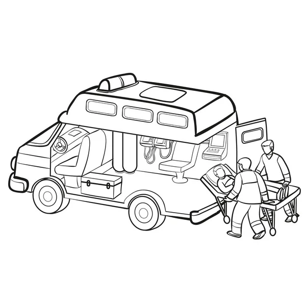 救急車の中と救急車のスケッチストレッチャーやぬり絵漫画イラスト白い背景に孤立した物体ベクトルEps — ストックベクタ