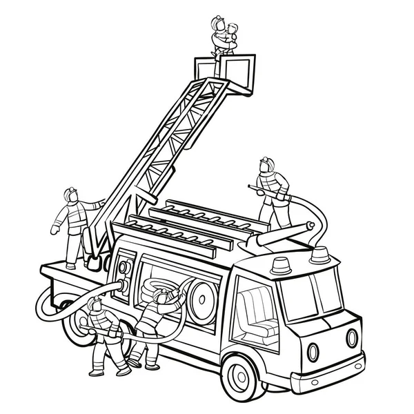 Schets Brandweerlieden Een Brandweerwagen Redden Een Kind Kleurboek Cartoon Illustratie — Stockvector