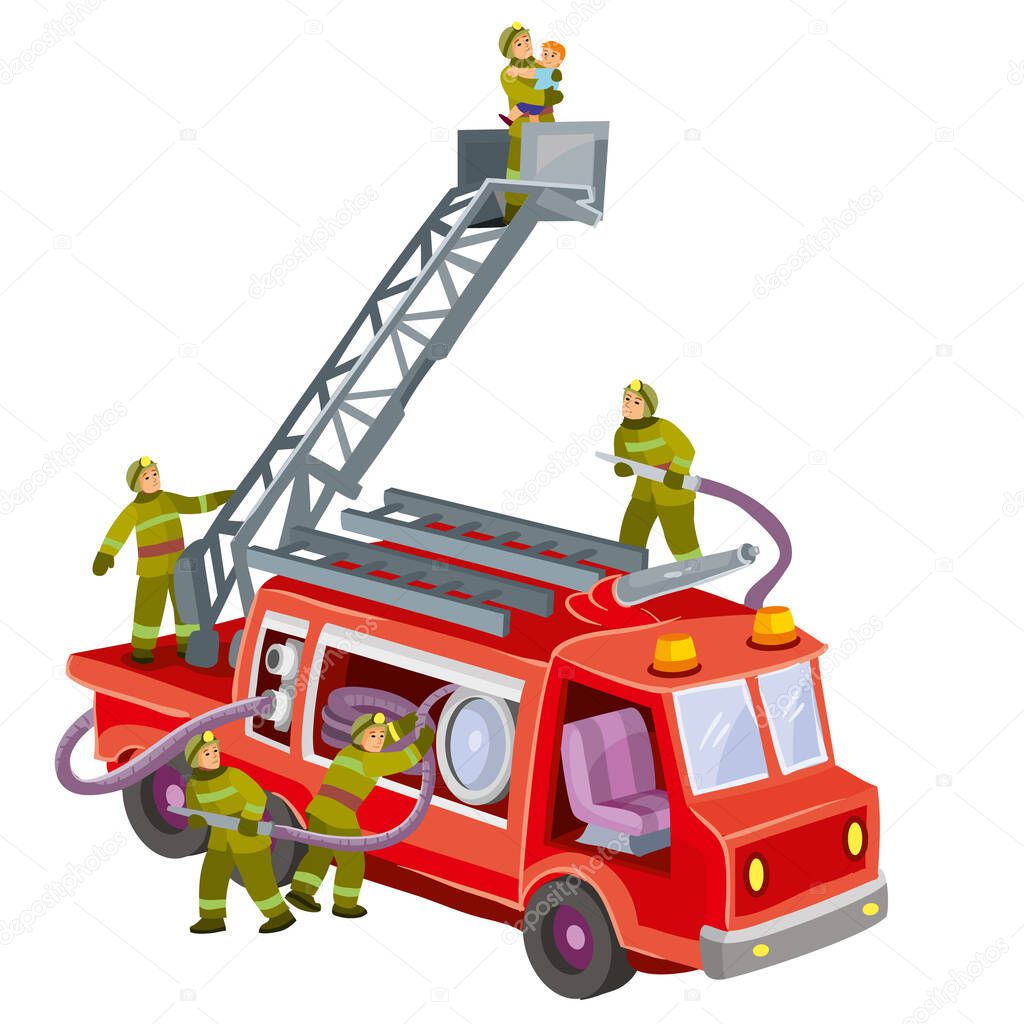 firefighters on a fire truck rescuing a child, cartoon illustration, isolated object on white background, vector, eps