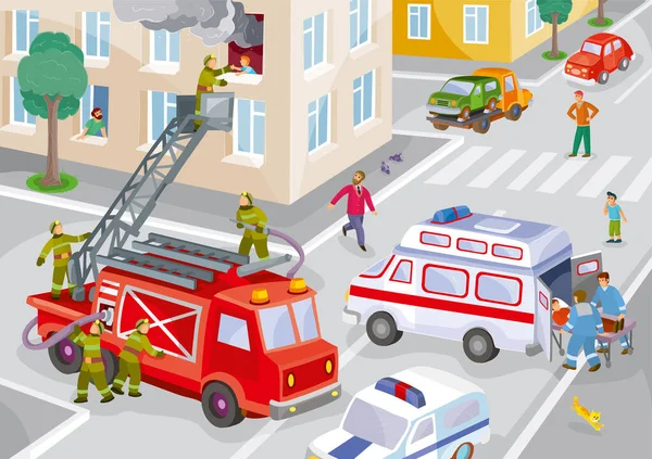 Ilustracja Miasta Jednym Domu Ogniu Strażacy Uratować Dziecko Okna Karetka — Wektor stockowy