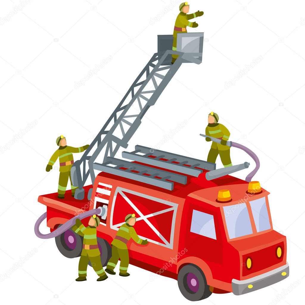 firefighters on a fire truck rescuing a child, cartoon illustration, isolated object on white background, vector, eps