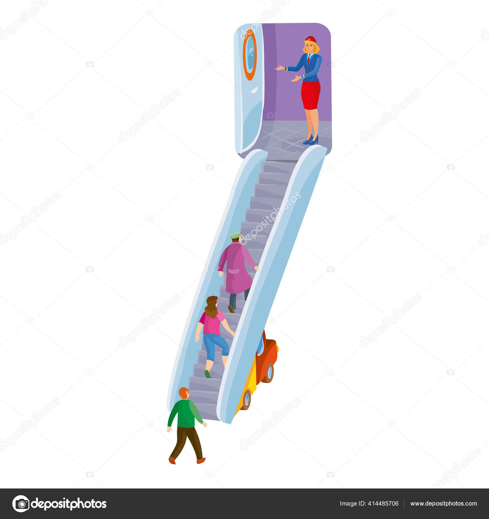 Orang Orang Menaiki Tangga Pesawat Dan Disambut Oleh Seorang Pramugari Stok Vektor C Kopirin 414485706