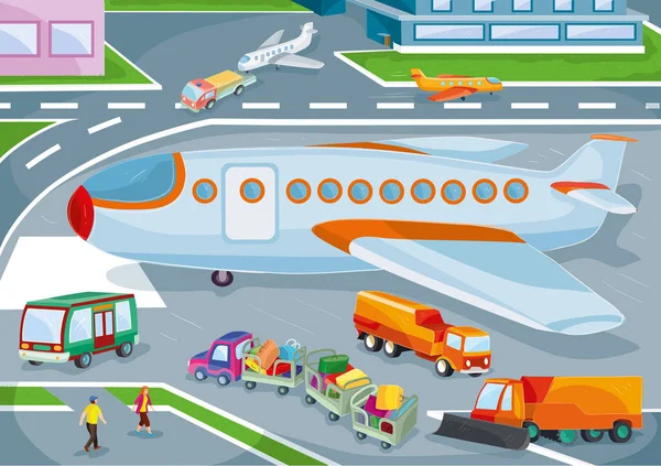 Ilustração Vida Aeroporto Com Aviões Ônibus Bagagem Passageiros Trabalho Ilustração —  Vetores de Stock
