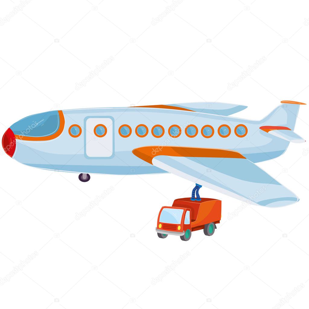 orange car refueling a big plane, cartoon illustration, vector illustration, isolated object on white background, vector illustration, eps
