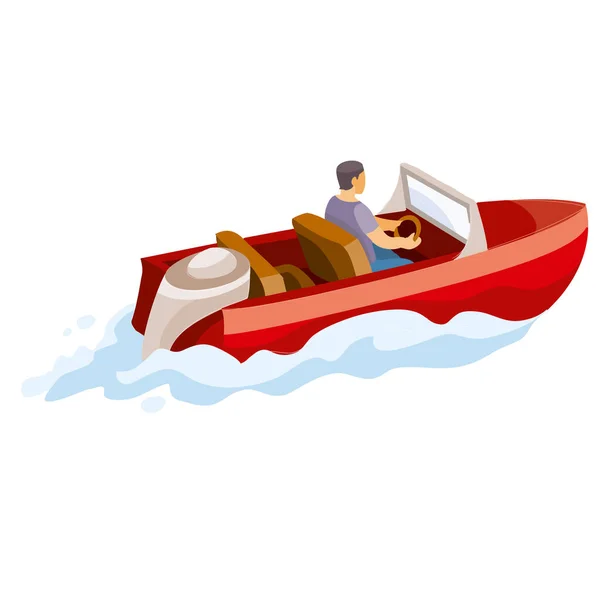 Man Drives Motor Boat Isolated Object White Background Vector Illustration — Stock Vector