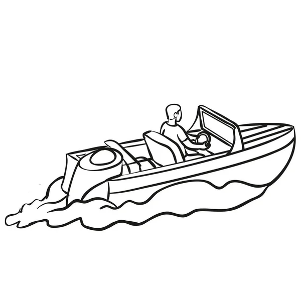 Schets Mens Bestuurt Een Motorboot Kleurboek Geïsoleerd Object Een Witte — Stockvector