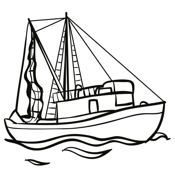 Sketch Fishing Boat Coloring Book Cartoon Illustration Isolated Object White — Stock Vector