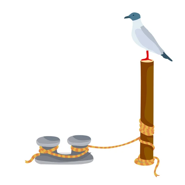シーグルは桟橋に立つ柱の上に座って漫画のイラスト白い背景に孤立した物体ベクトルEps — ストックベクタ
