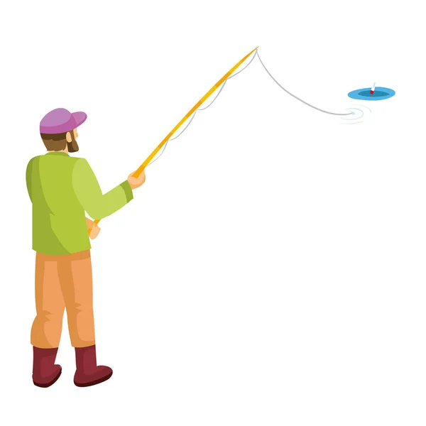 男は私たちの後ろに立って釣竿で魚をキャッチします 漫画のイラスト 白い背景に孤立したオブジェクト ベクトル Eps — ストックベクタ