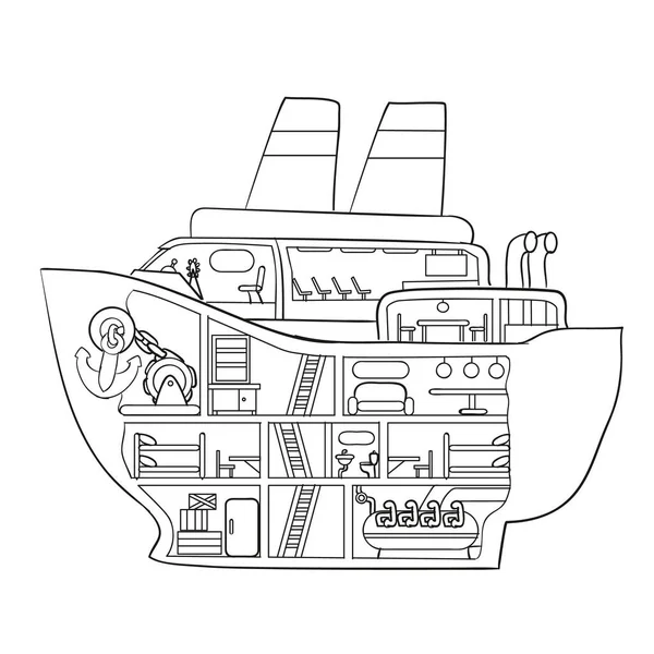 Boceto Crucero Interior Libro Para Colorear Caricatura Objeto Aislado Sobre — Vector de stock