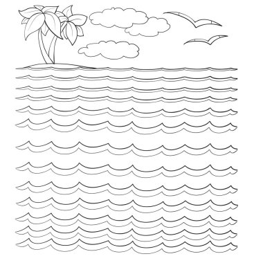 skeç, deniz manzarası, deniz ve palmiye, boyama kitabı, beyaz arkaplandaki izole nesne, karikatür çizimi, vektör, fil