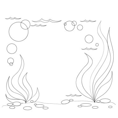 eskiz, deniz yosunlu sualtı manzarası, boyama kitabı, beyaz arka planda izole edilmiş nesne, çizgi film illüstrasyonu, vektör, ep