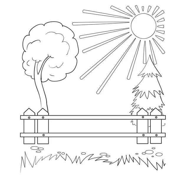 Schets Zomer Landschap Met Een Hek Met Zon Boom Kleurboek — Stockvector