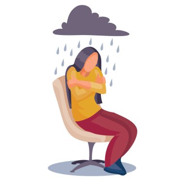 Kadın bir sandalyede oturur ve omuzlarından kendine sarılır. Üzerinden yağmur, yorgunluk, depresyon, güçsüzlük, beyaz arka planda izole bir nesne, vektör illüstrasyonları,