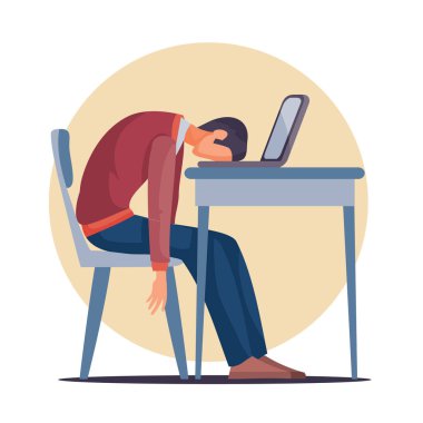 Bir adam masanın üzerinde dizüstü bilgisayarı olan bir masaya oturur ve yorgunluk, depresyon, iktidarsızlık, beyaz arka planda izole bir nesne, vektör illüstrasyonu,