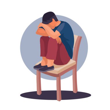 Bir adam, bacakları bağlı bir sandalyede oturuyor ve kafasını onlara yaslıyor. Yorgunluk, depresyon, iktidarsızlık, beyaz bir arka planda izole bir nesne, vektör illüstrasyonları...