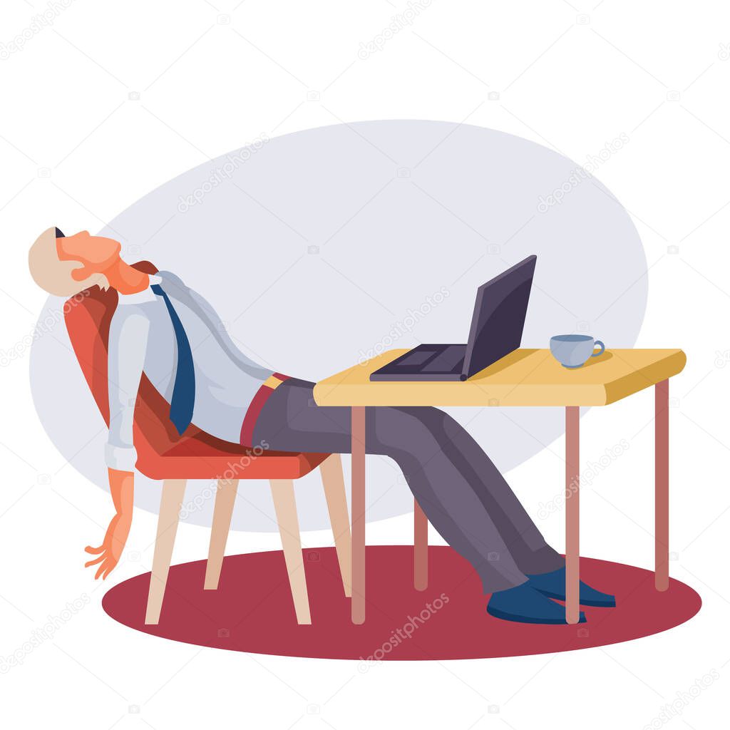 a man sits at a table on which there is a laptop and leaned back exhaustedly in his chair, fatigue, depression, impotence, isolated object on a white background, vector illustration, eps