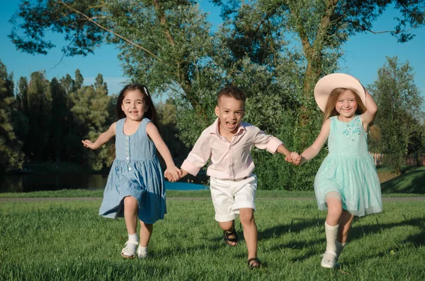 小孩子们在草坪上玩耍 两个女孩和一个男孩 图库照片