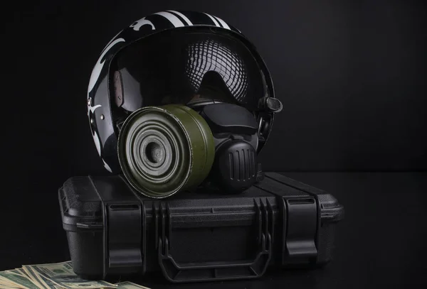 Photo on black background of aviation helmet and other accessories — Stock Photo, Image