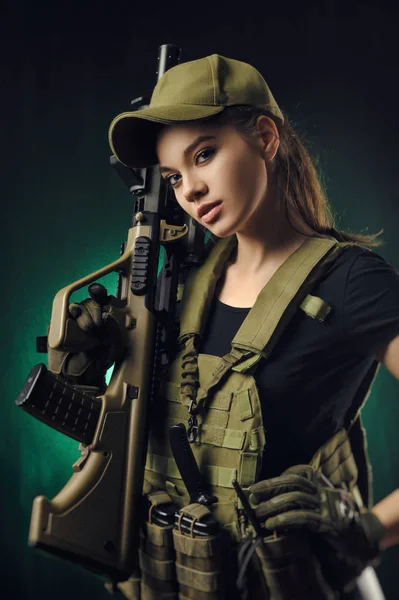 Girl Military Special Clothes Posing Gun His Hands Dark Background — Stock Photo, Image