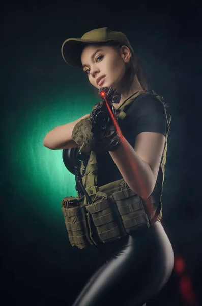 Girl Military Special Clothes Posing Gun His Hands Dark Background — Stock Photo, Image