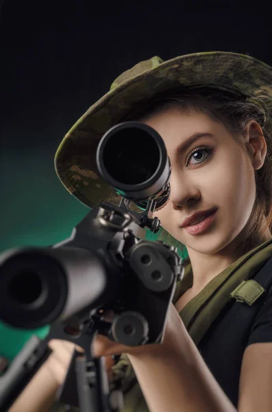 Girl Military Special Clothes Posing Gun His Hands Dark Background — Stock Photo, Image