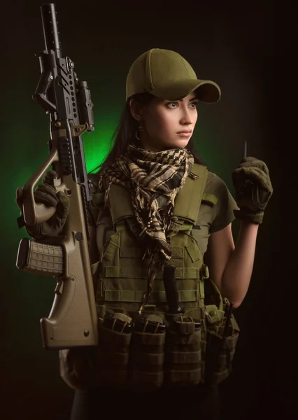 Girl Military Special Clothes Posing Gun His Hands Dark Background — Stock Photo, Image