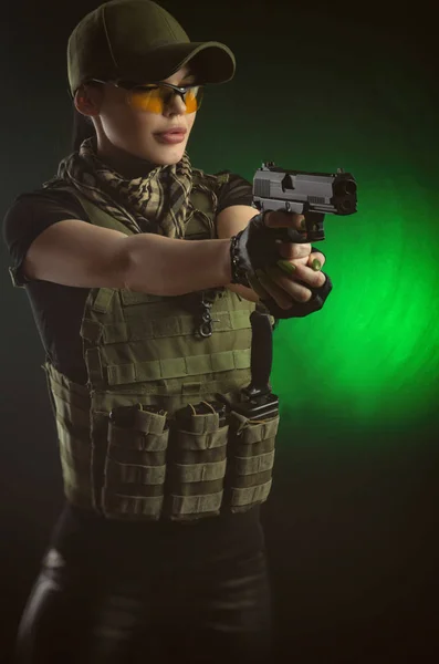 Girl Military Special Clothes Posing Gun His Hands Dark Background — Stock Photo, Image