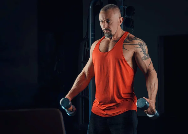 Fuerte musculoso hombre trenes en el gimnasio — Foto de Stock