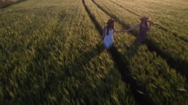 Güzel yaz elbiseli ve şapkalı kızlar buğday tarlasında yürür.