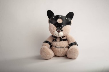 Deri kemer takmış oyuncak ayı hafif arka planda bdsm oyunları için aksesuar.