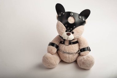 Deri kemer takmış oyuncak ayı hafif arka planda bdsm oyunları için aksesuar.