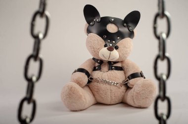 Deri kemer takmış oyuncak ayı hafif arka planda bdsm oyunları için aksesuar.