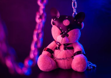 Deri kemer takmış oyuncak ayı BDSM oyunları için aksesuar neon ışıklı karanlık bir arka planda