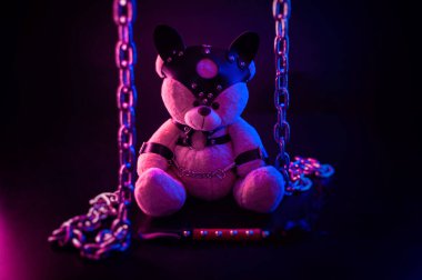 Deri kemer takmış oyuncak ayı BDSM oyunları için aksesuar neon ışıklı karanlık bir arka planda