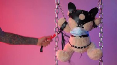 BDSM aksesuarlarıyla zincirli bir oyuncak ayı deri bir kırbaçla vücuduna vuruyor.