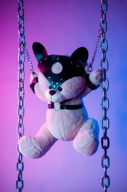 Deri kemer takmış oyuncak ayı BDSM oyunları için aksesuar neon ışıklı karanlık bir arka planda