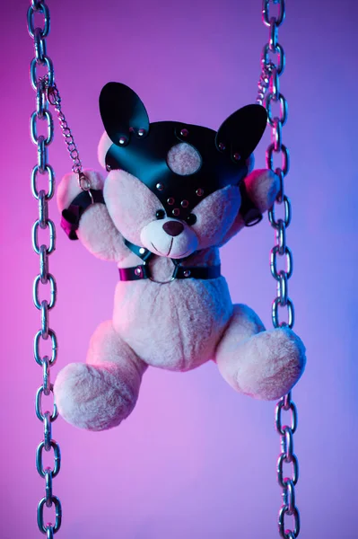 Deri kemer takmış oyuncak ayı BDSM oyunları için aksesuar neon ışıklı karanlık bir arka planda