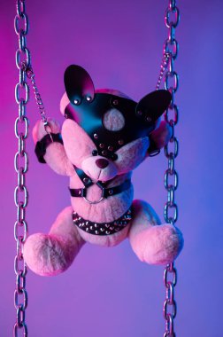 Deri kemer takmış oyuncak ayı BDSM oyunları için aksesuar neon ışıklı karanlık bir arka planda