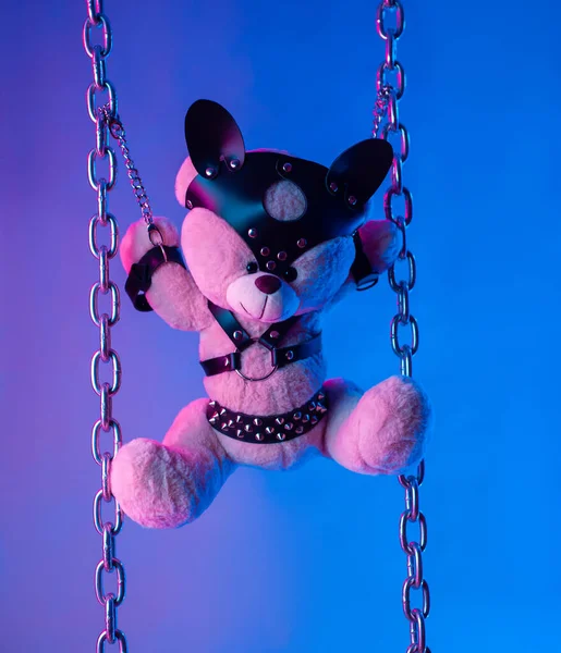 Deri kemer takmış oyuncak ayı BDSM oyunları için aksesuar neon ışıklı karanlık bir arka planda