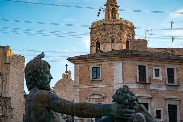 Statua Nettuno Sullo Sfondo Della Cattedrale Valencia Fontana Trova Sulla — Foto Stock