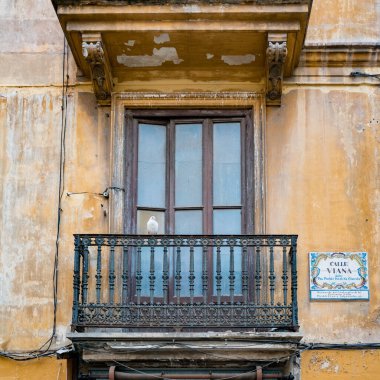 Valencia, İspanya - 2 Kasım 2019 Eski kasabadaki Calle Viana caddesindeki eski binanın balkon korkuluğunda oturan beyaz güvercin.