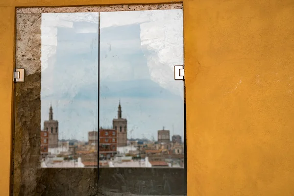 Reflection Old Town Valencia Glass Construction Torres Quart Ancient Western — Stock Photo, Image